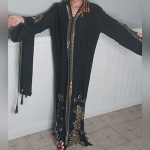 Black Embroidered Kaftan with Gold and Red Accents